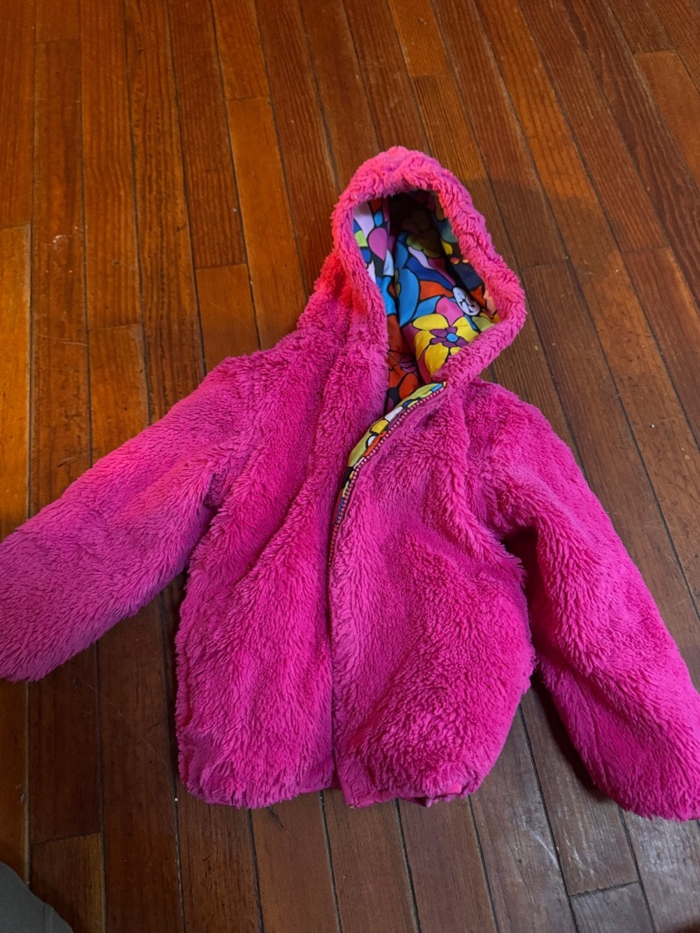 Hanna Andersson Plush Hooded Jacket with Floral Lining reversible size 3 toddler